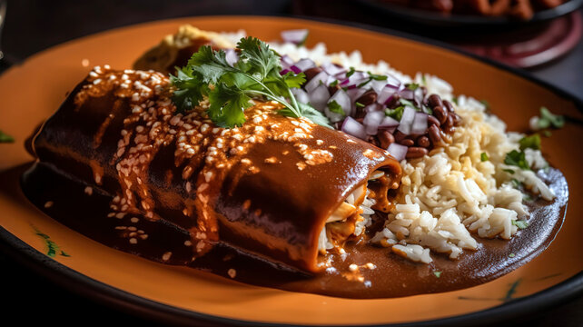 Enchiladas with Mole Sauce, plated dish of enchiladas.