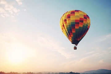 Fototapeta premium Colorful hot air balloon flying in the sky. illustration on blue background with copy space