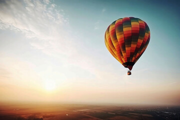 Obraz premium Colorful hot air balloon flying in the sky. illustration on blue background with copy space