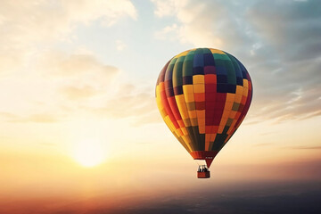 Obraz premium Colorful hot air balloon flying in the sky. illustration on blue background with copy space