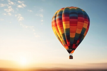 Naklejka premium Colorful hot air balloon flying in the sky. illustration on blue background with copy space