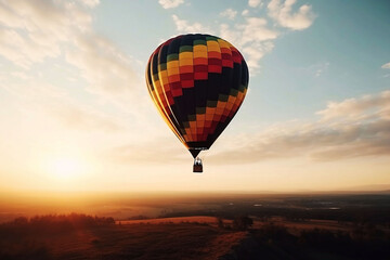 Naklejka premium Colorful hot air balloon flying in the sky. illustration on blue background with copy space