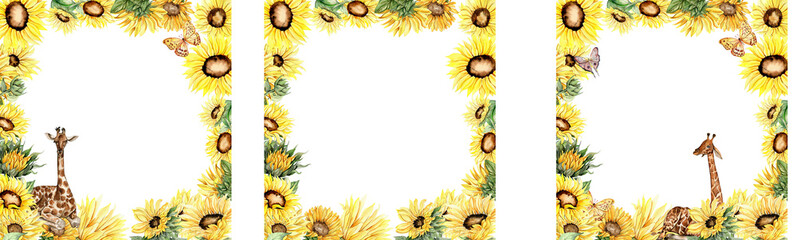 Watercolor hand drawn spring garden full of sunflowers square frame . Watercolor illustration for scrapbooking.Cartoon hand drawn background with flower for kids design.Perfect for wedding invitation.