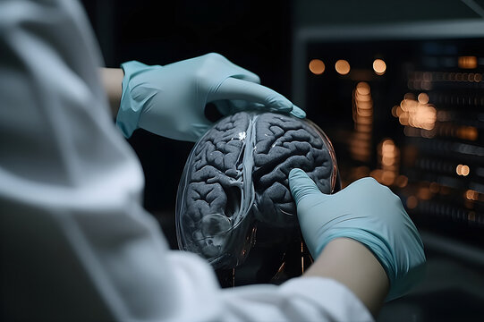 The doctor hands examines the brain, generative AI