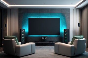 Luxurious home cinema, living room with colored LED lighting - Smart Home, with soft leather chairs, a large projection screen and a modern sound system. AI