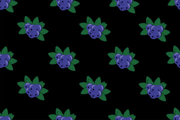 Blueberry seamless pattern on black background. Bilberry endless backdrop. Vector illustration whortleberry. Wallpaper and textile print.