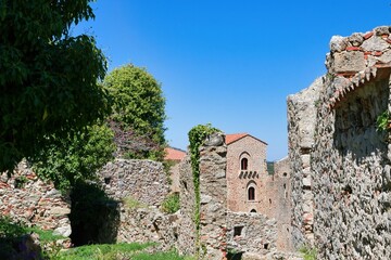 medieval architecture, the castle town of Mystras.  church in medieval city. Mistras, Greece