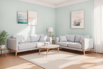 Fototapeta na wymiar Interior mockup with picture frame on a Wall. Living room in pastel colors with sofa and painting on a wall 3D render.