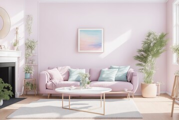 Interior mockup with picture frame on a Wall. Living room in pastel colors with sofa and painting on a wall 3D render.