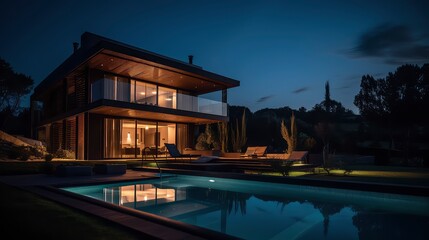 Fototapeta na wymiar AI generated image of a luxury villa with a swimming pool during blue hour. 
