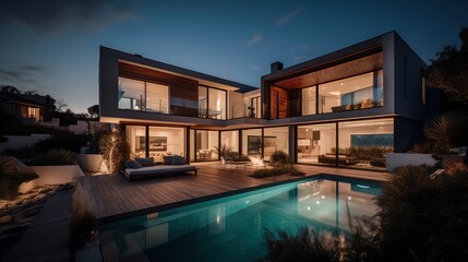 Fototapeta premium AI generated image of a luxury villa with a swimming pool during blue hour. 