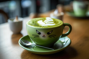 Playful matcha latte with cat art in cat café - generative AI