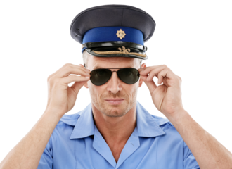 Portrait, police and sunglasses with a man isolated on a transparent background for safety. Security, justice and authority with a handsome male officer in uniform on PNG for public protection