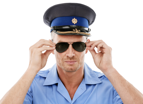 Portrait, police and sunglasses with a man isolated on a transparent background for safety. Security, justice and authority with a handsome male officer in uniform on PNG for public protection