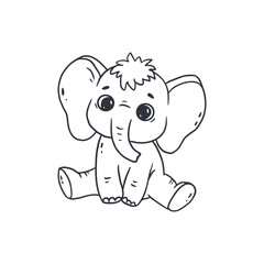 Cute cartoon baby elephant. Black and white illustration for a coloring book. 