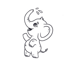 Obraz premium Cute baby elephant poured water from his trunk. Coloring book.Doodle style.