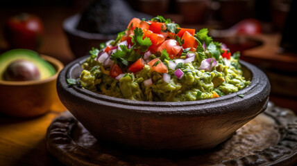 Guacamole Galore, a traditional molcajete filled with guacamole, made from avocados, tortilla chips.