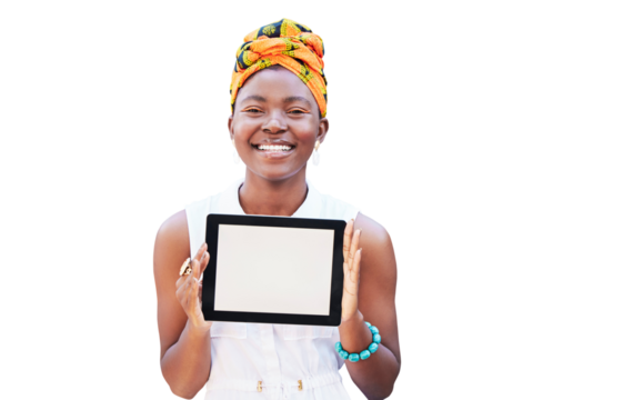 Portrait black woman, tablet screen and mockup for digital website, ambassador and branding app. Happy girl, blank and tech for logo, news and contact us isolated on transparent png background