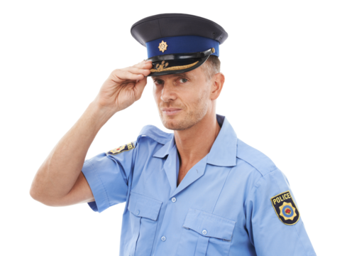 Portrait, police man and serious officer isolated on a transparent png background. Law enforcement, hat and mature policeman, cop or male guard from Canada with pride and confidence for justice.