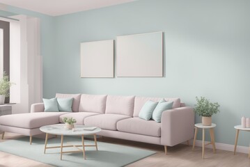 Interior mockup with picture frame on a Wall. Living room in pastel colors with sofa and painting on a wall 3D render.