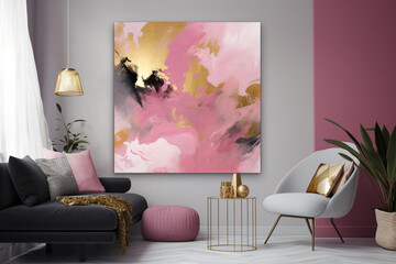 pink and gold abstract painting in a living room. Generative Ai