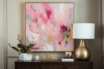 a pink painting hangs on the wall above a lamp. Generative Ai