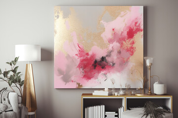 a large pink and gold abstract painting hangs on the wall. Generative Ai