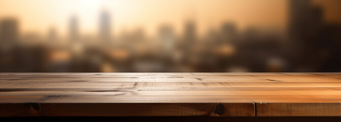 wooden table with blurred cityscape background. Generative Ai