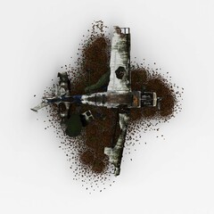 3d rendering of a crashed plane on a white surface