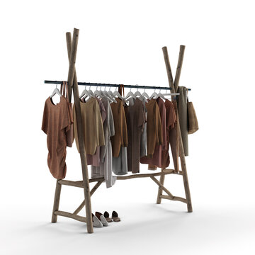 3d rendering of a wooden stand displaying a variety of hanging shirts