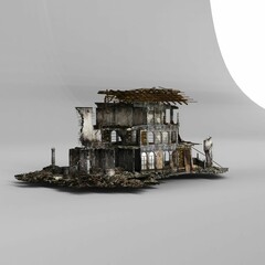 3d rendering of destroyed buildings on a gray surface