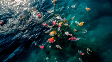Fototapeta na wymiar Plastic bags and plastic particles floating in the sea.