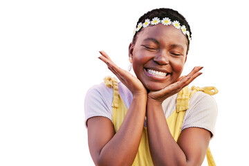 Flowers, beauty and excited face of black woman isolated on a transparent png background. Natural...