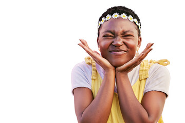 Black woman, comic smile and hands on face isolated on a transparent, png background with flowers....