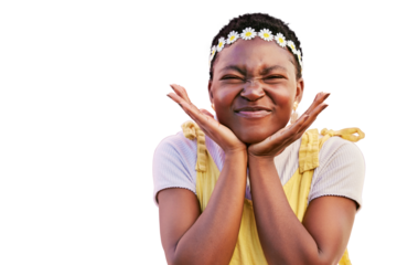 Black woman, comic smile and hands on face isolated on a transparent, png background with flowers. Natural beauty, happy and frame of an African person with a silly or funny emoji and flower crown