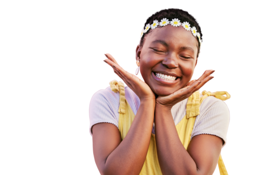 Flowers, beauty and excited face of black woman isolated on a transparent png background. Natural makeup, happy and hands frame of African girl, emoji or glow with spring flower crown for expression