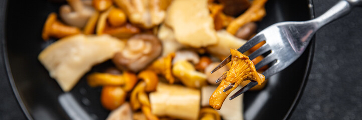 appetizer mushroom salad mix white mushroom, boletus mushroom, chanterelle mushroom, ready to eat meal food snack on the table copy space food background rustic top view