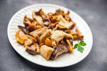 appetizer mushroom salad mix white mushroom, boletus mushroom, chanterelle mushroom, ready to eat meal food snack on the table copy space food background rustic top view