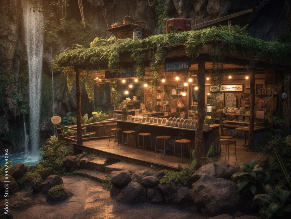 Poster Bar in the jungle with a waterfall in the background. Generative AI