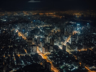 Aerial view of a city at night. Generative AI