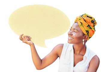 Social media, speech bubble and marketing with a black woman isolated on transparent background....