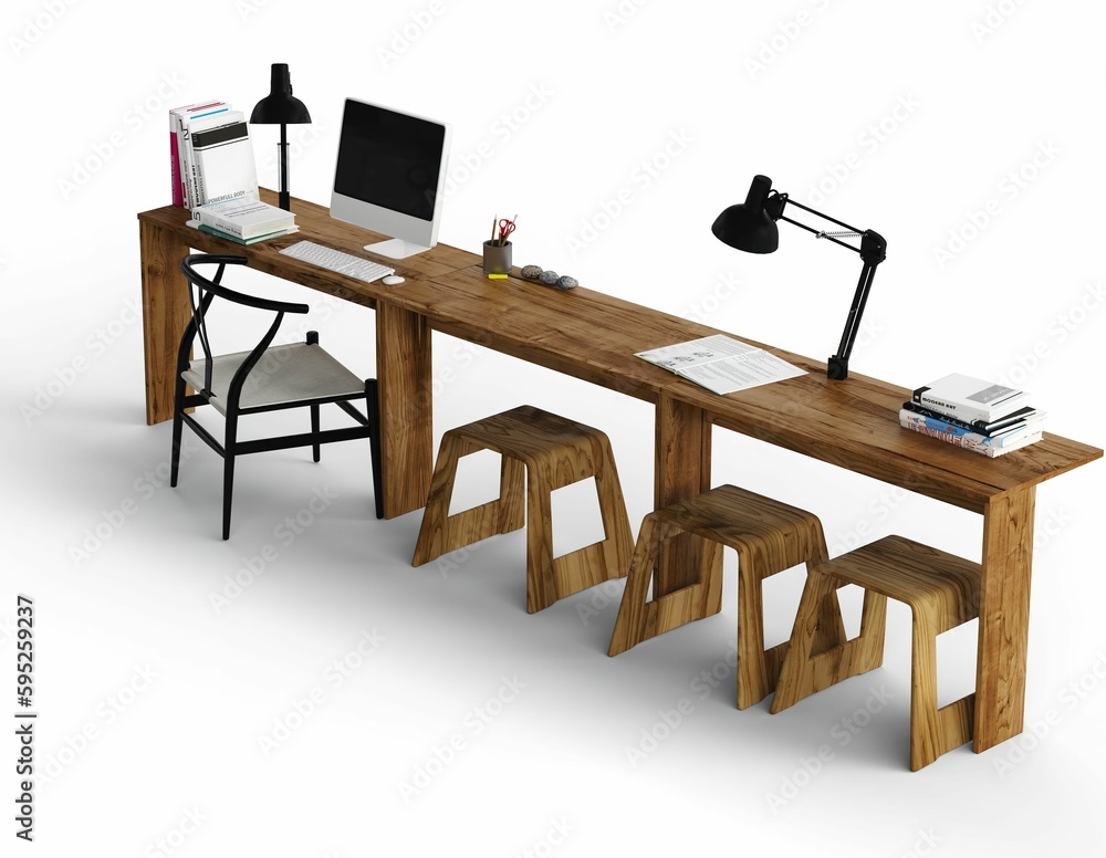 Poster 3d rendering of a workspace featuring a wooden desk with a laptop and a desktop computer