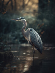 Blue heron is standing in the water. Generative AI