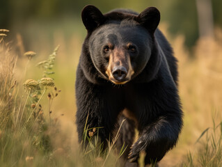 Obraz na płótnie Canvas Black bear walking through tall grass. Generative AI