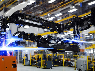 Modern High Tech  Industrial Robotic  arm on the factory production line production line is being welded. Generative AI.