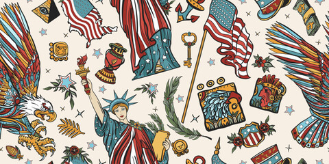 USA seamless pattern. American history and culture background. Old school tattoo style. Patriotic eagle, statue of liberty and flag. United States of America concept