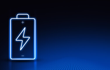 super charge neon lithium ion battery with lighting symbol and full charge digital futuristic flash quick recharging power source and energy technology concept illustration background