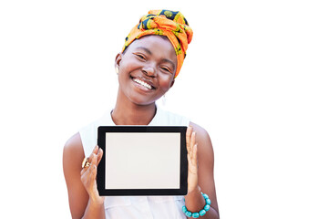 Portrait, tablet and screen with a black woman isolated on a transparent background for...