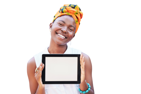 Portrait, tablet and screen with a black woman isolated on a transparent background for advertising. Face, smile and PNG with a happy african person showing space on a blank display for marketing