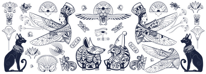 Naklejka na ściany i meble Ancient Egypt collection. Old school tattoo. Egyptian elements. God Ra, Anubis, scarab, black cats, eye Horus